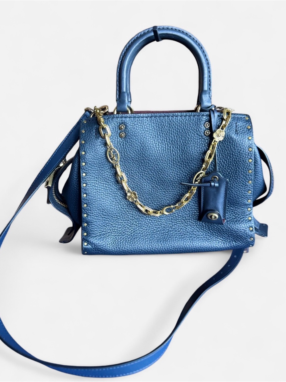 Coach Blue Pebbled Leather Satchel with Gold Chain Rouge 25